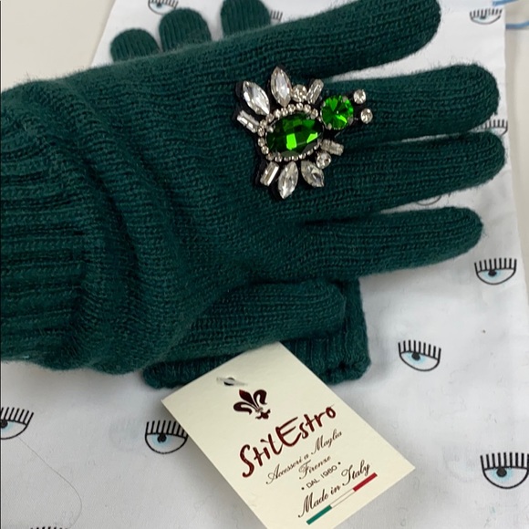 Cashmere Wool Blend Made In Italy🇮🇹Green Jeweled Gloves NewWithTags